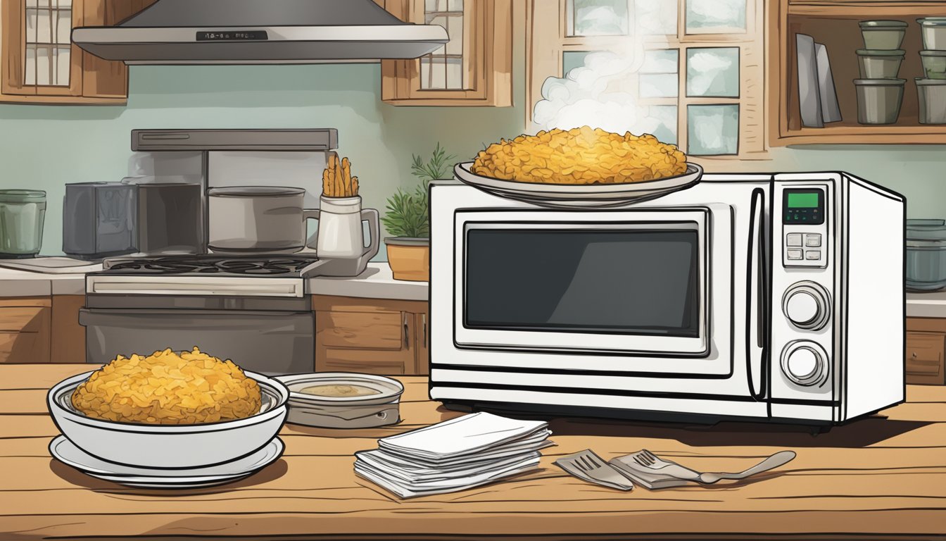 A steaming dish of kugel sits on a rustic table next to a microwave and oven, surrounded by scattered recipe books and a laptop screen displaying "best way to reheat kugel."