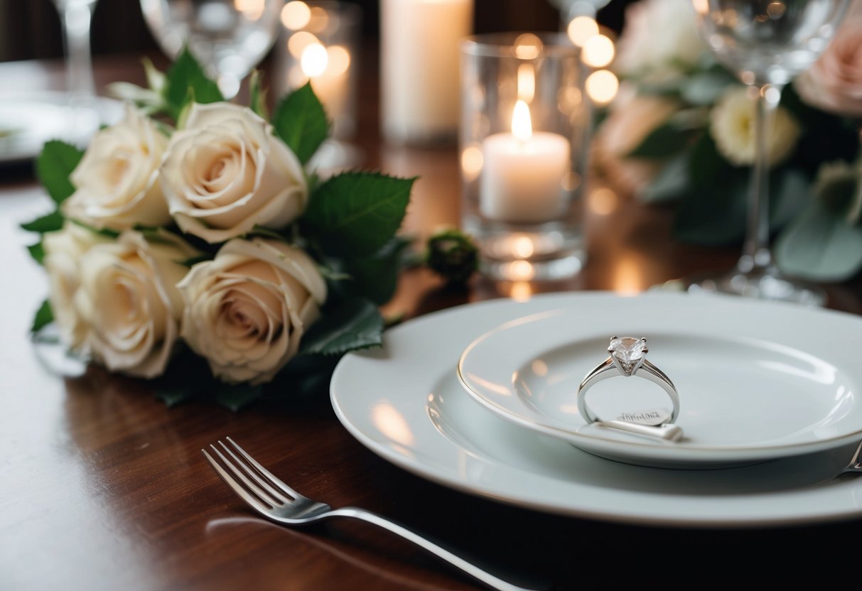 A wedding ring, a bouquet of roses, and a romantic dinner table setting