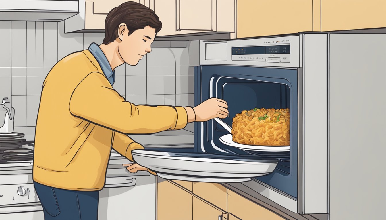 A person placing a dish of kugel in the microwave