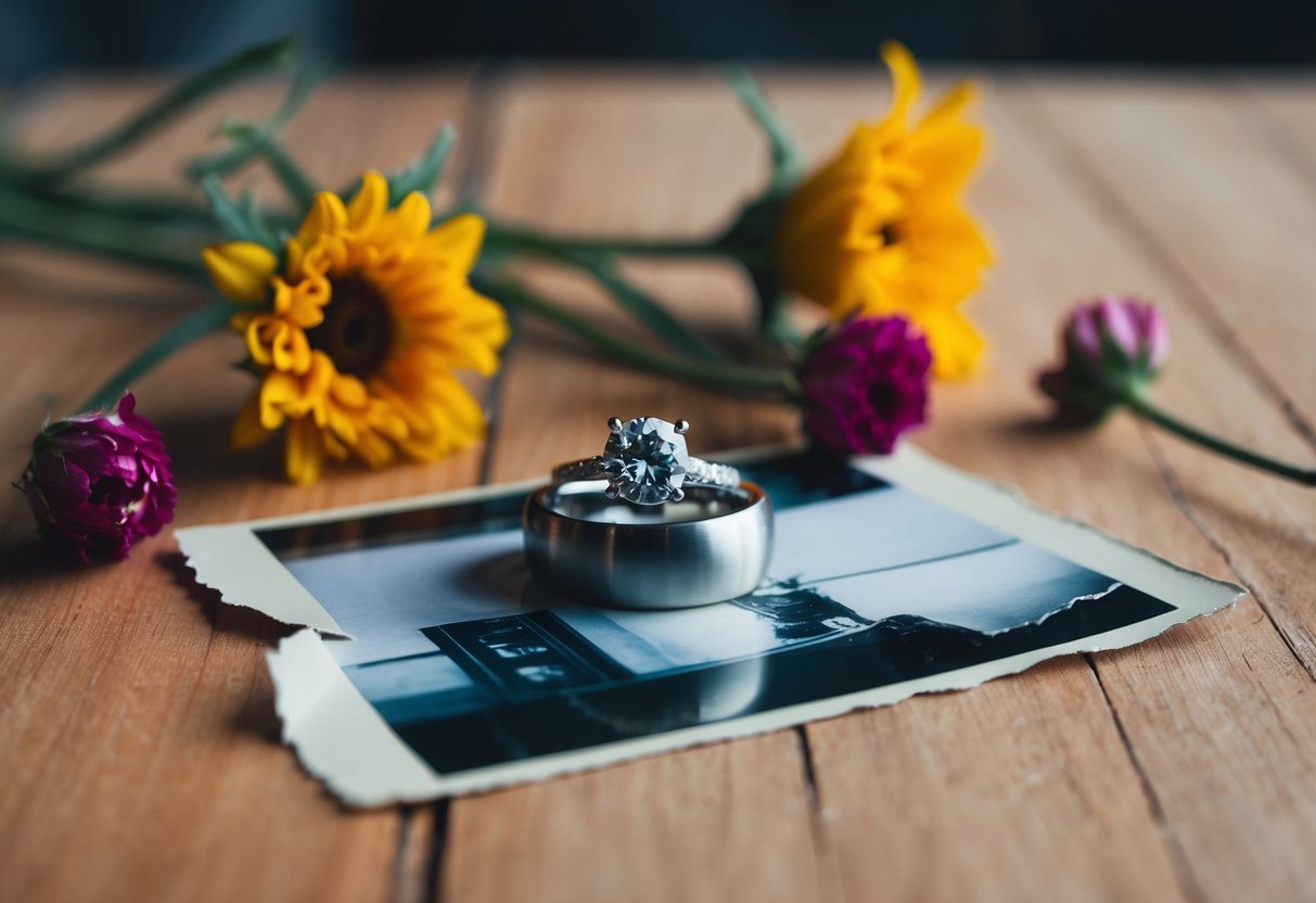 A wedding ring discarded on a table, surrounded by wilted flowers and a torn photograph