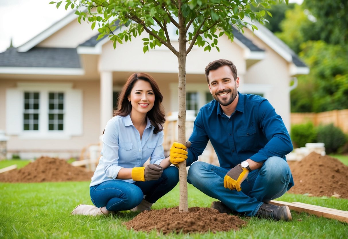 A couple sitting together, planting a tree, and renovating their home together