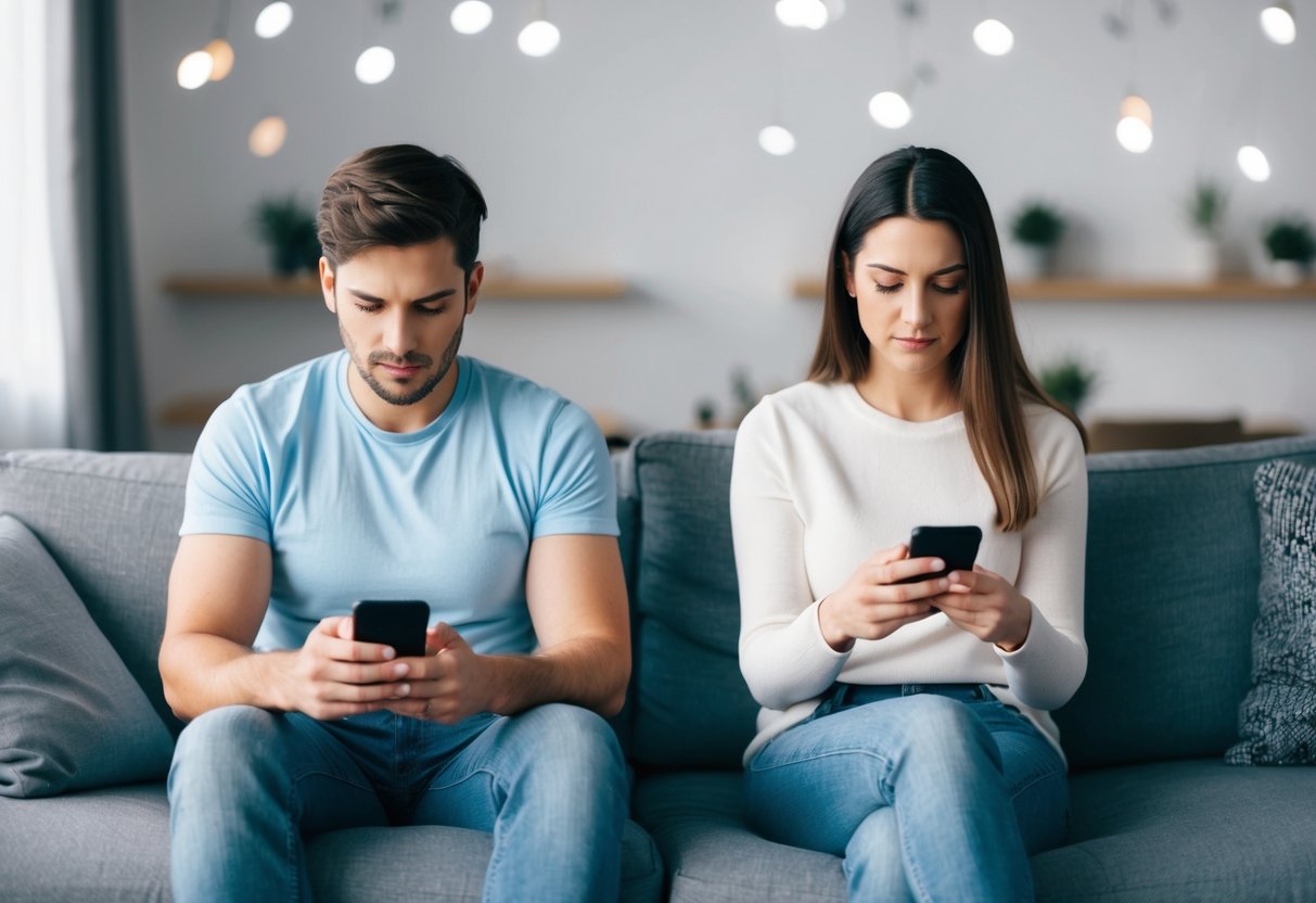 A couple sitting on opposite ends of a couch, looking at their phones with blank expressions, with a noticeable distance between them