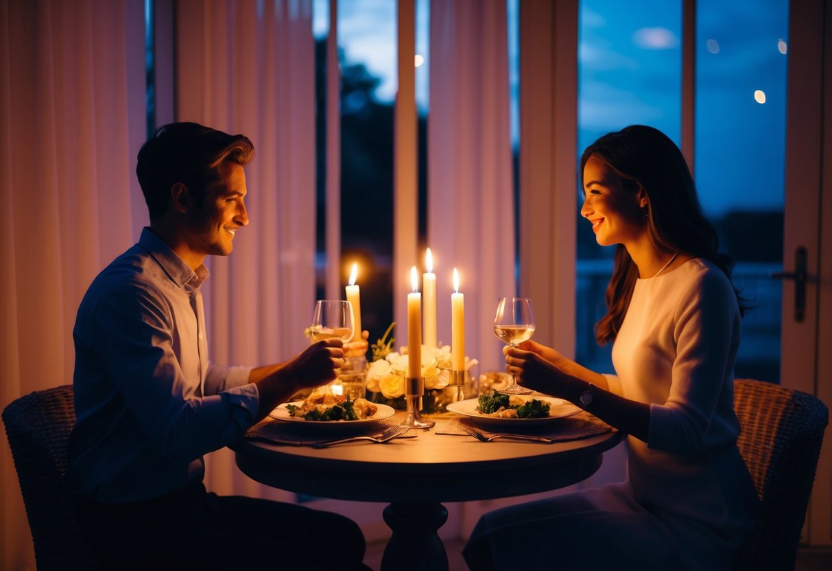 Two figures sitting at a candlelit table, sharing a meal. The atmosphere is intimate, with soft lighting and romantic ambiance