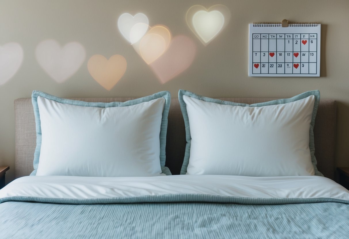 A cozy bed with two pillows side by side, one slightly indented. A calendar on the wall with hearts drawn on certain dates