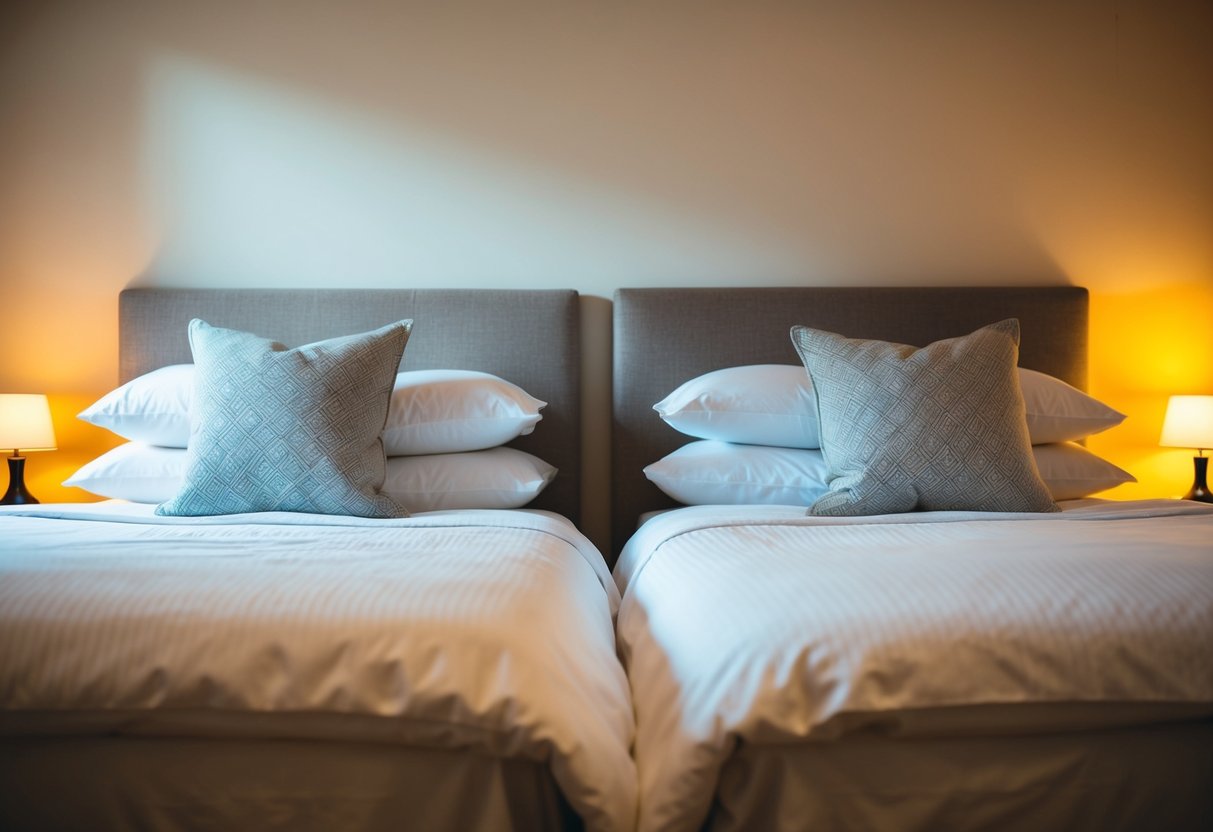 A cozy bedroom with a neatly made bed and two pillows facing each other, with soft lighting and a warm, inviting atmosphere
