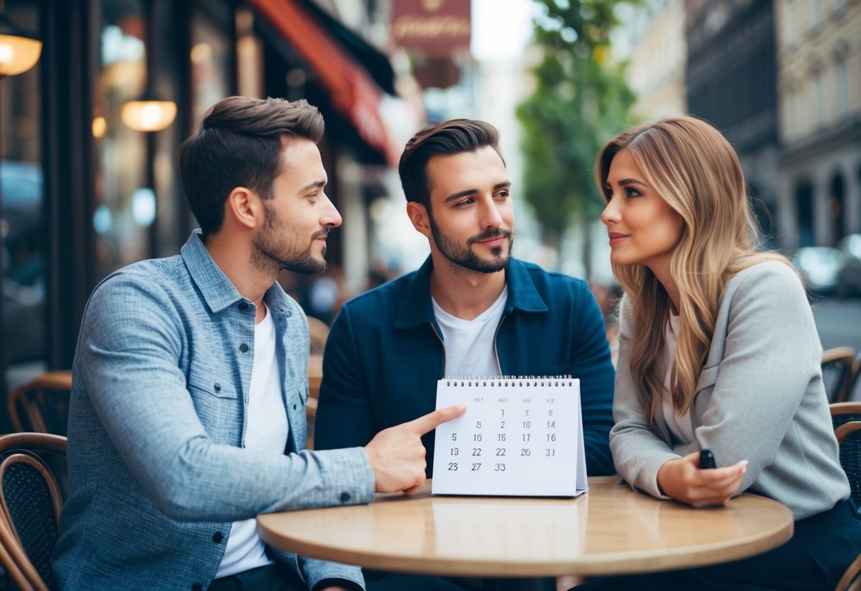 A couple sitting at a cafe table, one pointing to a calendar while the other looks contemplative
