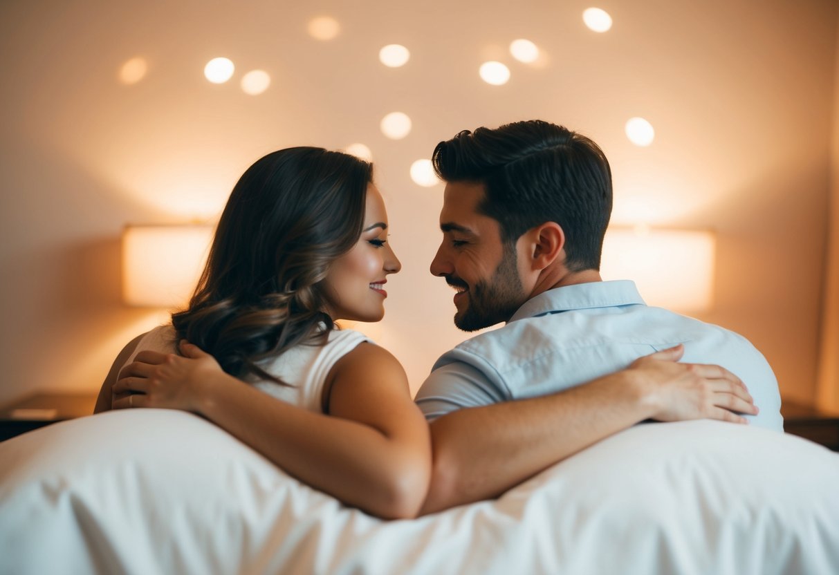 A couple lies in bed, facing each other, with a warm and intimate atmosphere