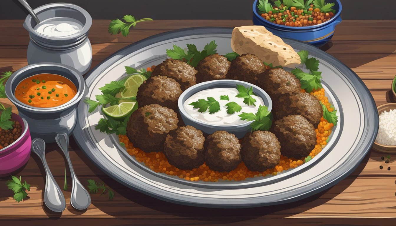 A plate of lamb kofta sits on a rustic wooden table, surrounded by vibrant spices and herbs. A steaming pot of rice and a bowl of tangy yogurt complete the scene