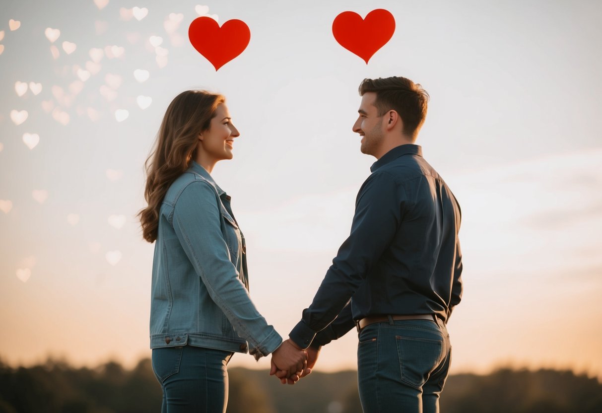A couple standing facing each other, holding hands, with two hearts floating above each of their heads