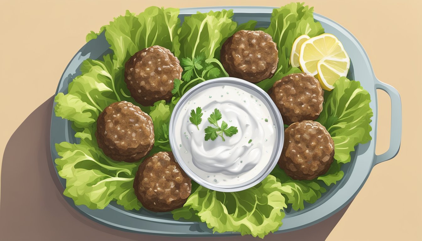 A platter of lamb kofta arranged on a bed of lettuce, with a side of yogurt sauce and fresh herbs, surrounded by ice packs and freezer bags