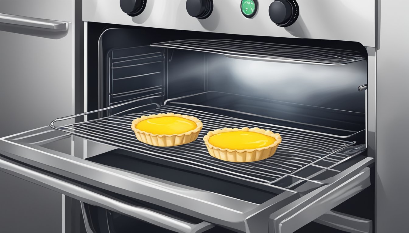 A lemon curd tart sitting on a baking sheet in an oven, with the oven door slightly ajar and steam rising from the tart