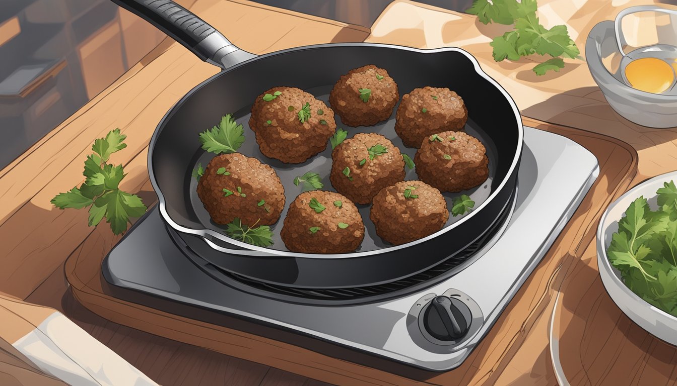 A plate of lamb kofta is being gently reheated in a skillet over a stovetop, with the aroma of spices filling the air