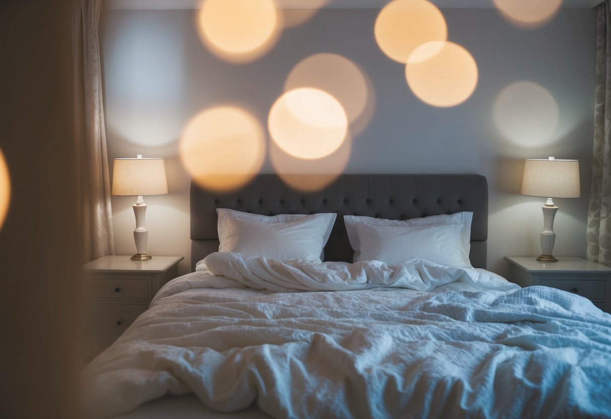 A cozy bedroom with a rumpled bed and soft lighting, indicating intimacy and romance
