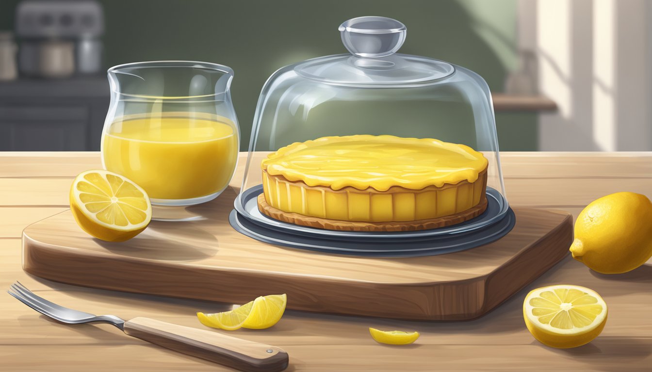 A lemon curd tart sitting on a wooden cutting board, covered with a glass dome. A small pot of water steaming on the stove next to it