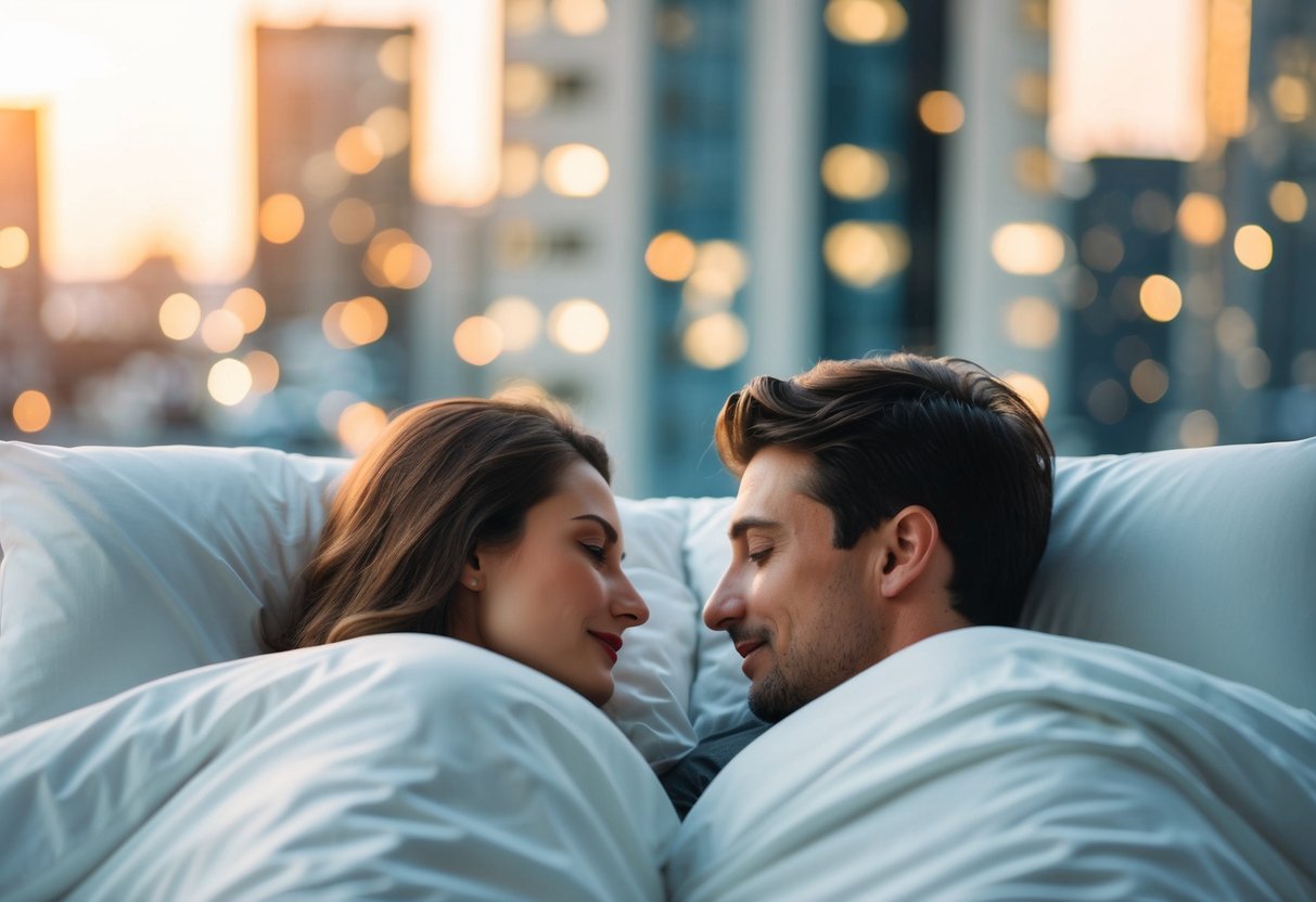 A couple lying in bed, facing each other, with a sense of intimacy and connection
