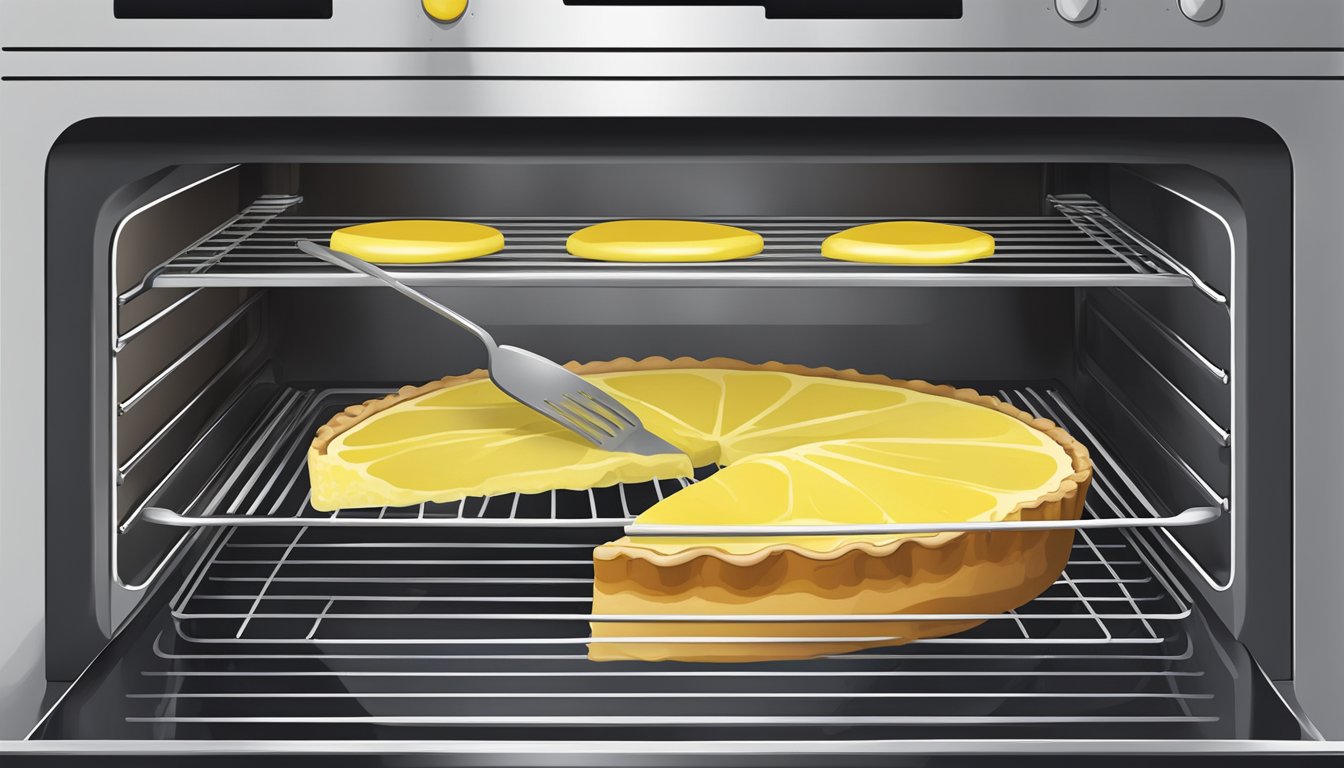 A slice of lemon curd tart being gently heated in an oven