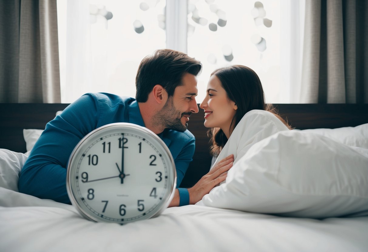 A couple lying in bed, facing each other, with a clock on the bedside table showing the time