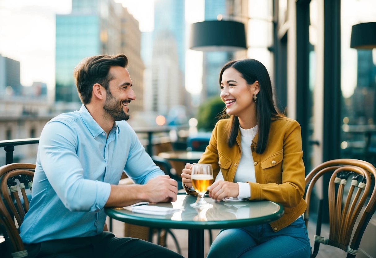 A couple sitting at a cafe table, surrounded by cityscape, engaged in conversation with smiles and laughter