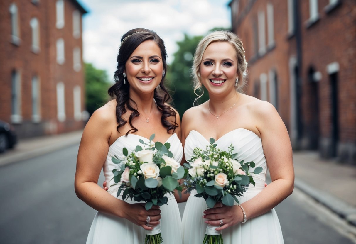 Two bridesmaids standing side by side, holding bouquets, smiling