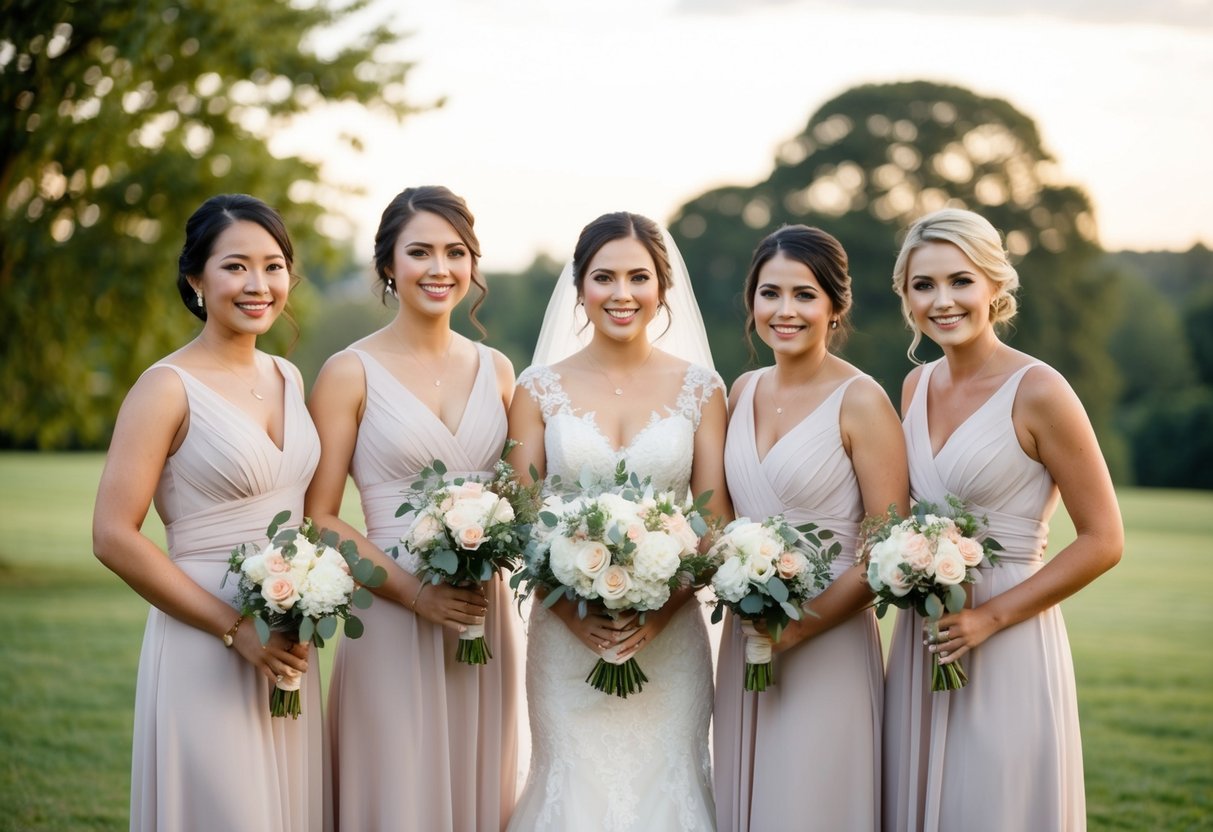 A bride and her two bridesmaids standing together, smiling and holding bouquets