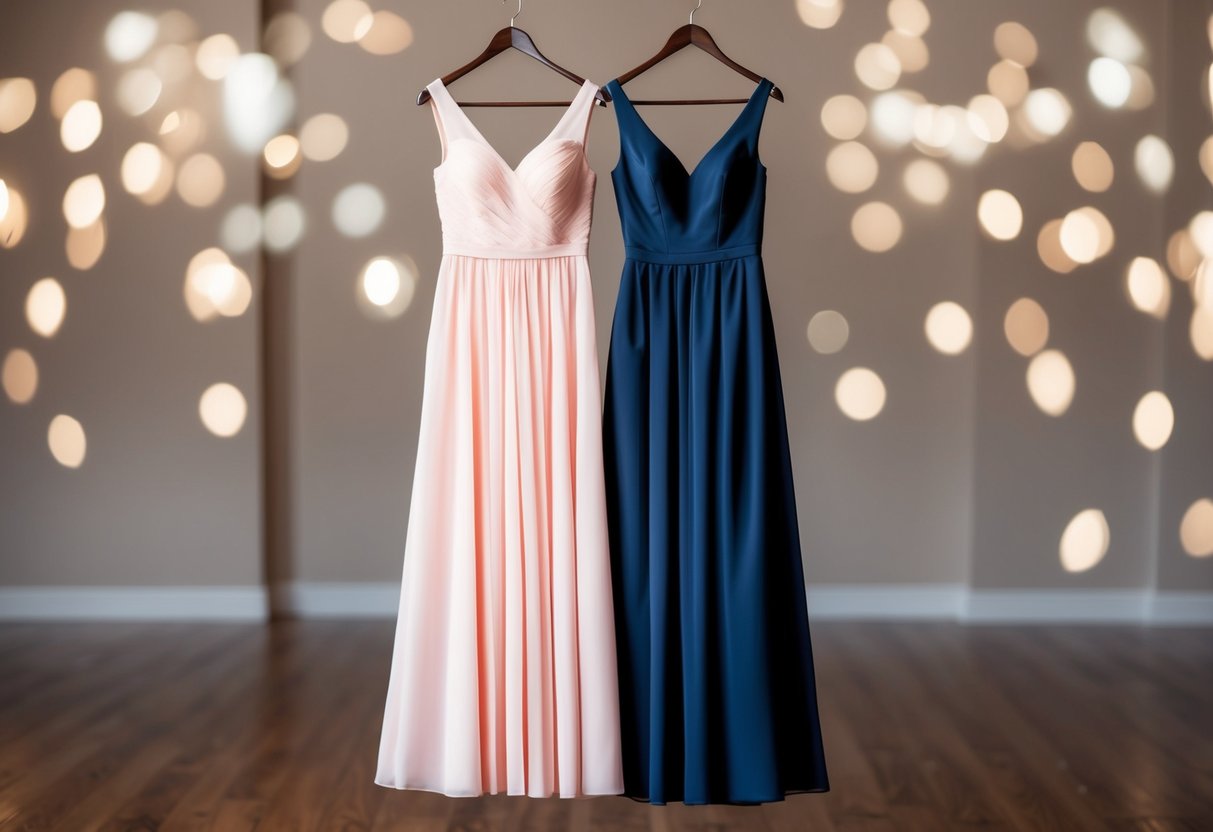 Two elegant dresses hanging side by side, one in soft pastel pink and the other in a rich navy blue, representing the choice between two bridesmaids