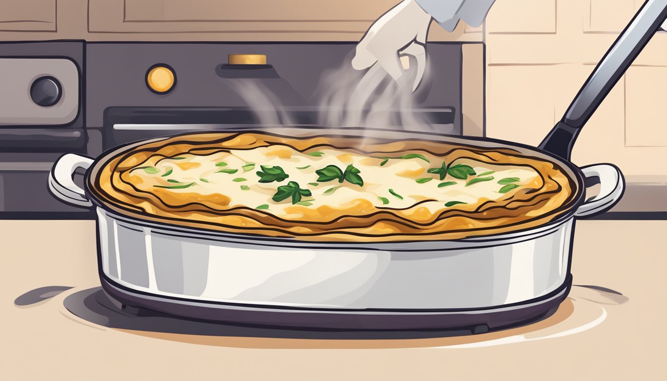 A lamb moussaka dish being carefully reheated in an oven, with the layers of meat, eggplant, and creamy bechamel sauce maintaining their distinct textures