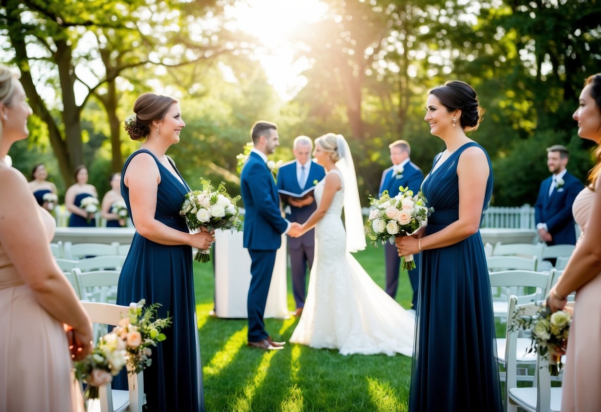 Two bridesmaids stand side by side, holding bouquets, as they watch the bride and groom exchange vows at the wedding altar. The sunlight filters through the trees, casting a warm glow on the scene