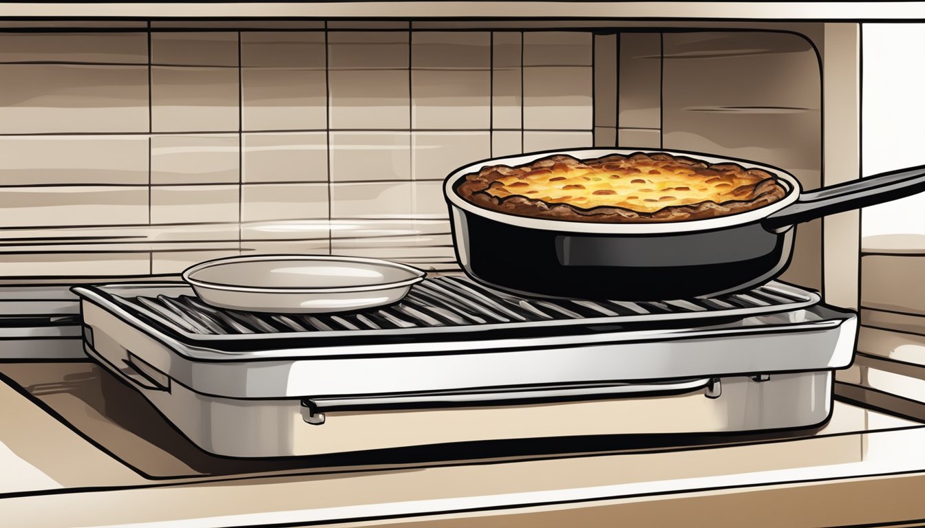 A lamb moussaka dish being gently reheated in an oven, with a focus on preserving the layers and textures of the dish