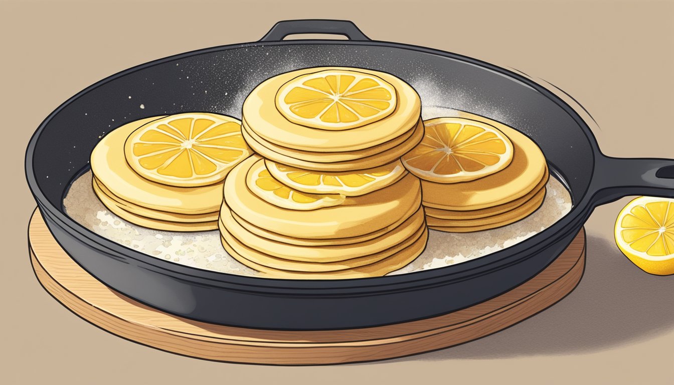 A stack of lemon ricotta pancakes being warmed in a skillet over low heat, steam rising from the golden brown edges