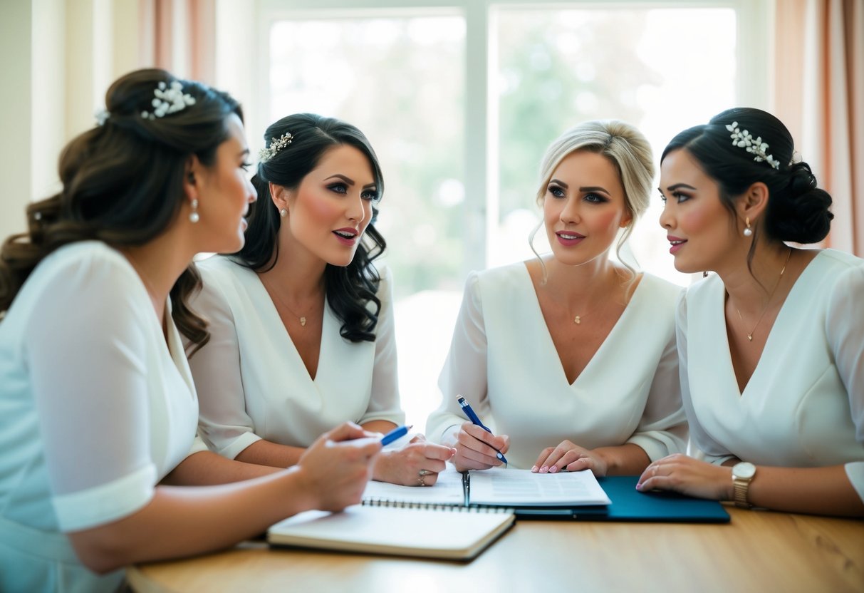 Two bridesmaids discussing wedding plans and budgeting, with a notebook and pen on a table