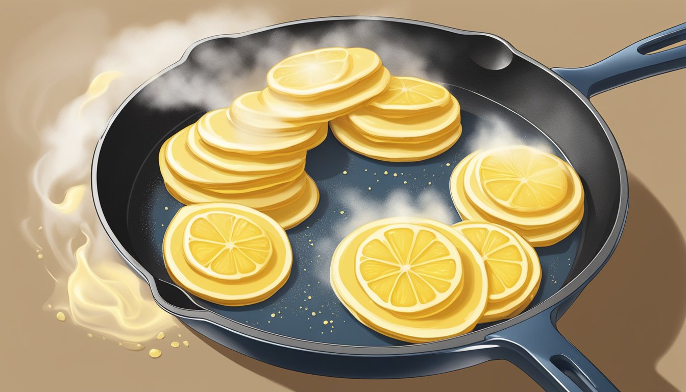 A stack of lemon ricotta pancakes being reheated in a skillet, steam rising from the golden brown surface