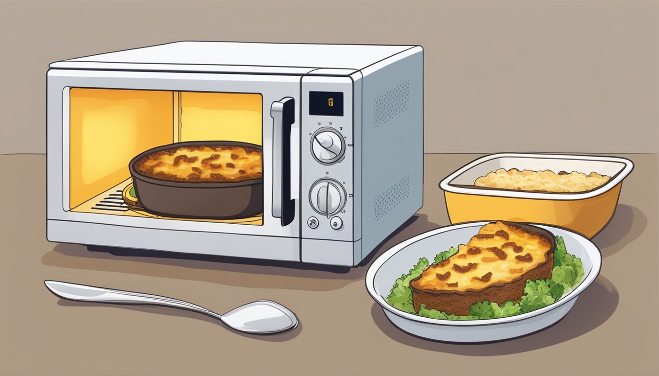 A microwave-safe dish containing lamb moussaka being heated in the microwave