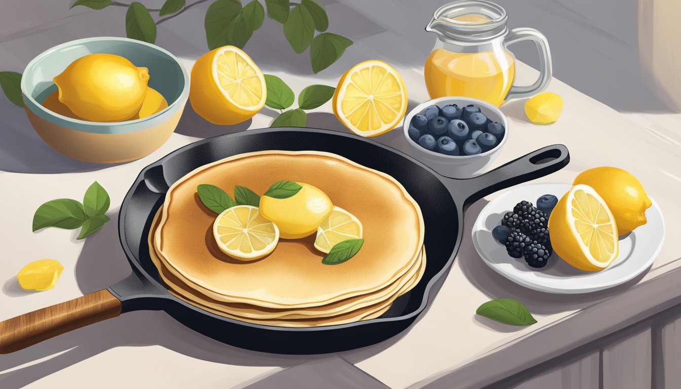 A plate of lemon ricotta pancakes being reheated in a skillet, with a small bowl of syrup and a side of fresh berries