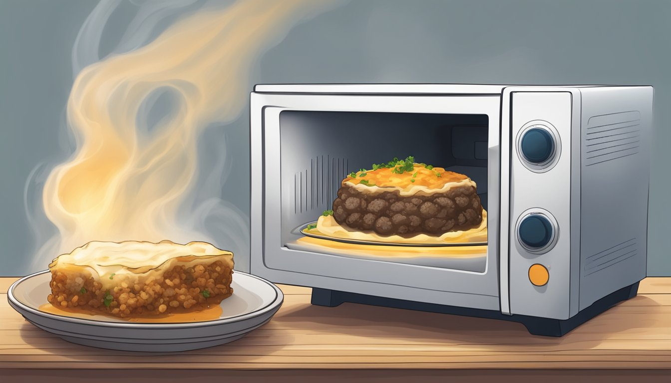 A microwave with a plate of lamb moussaka inside, with steam rising from the hot food