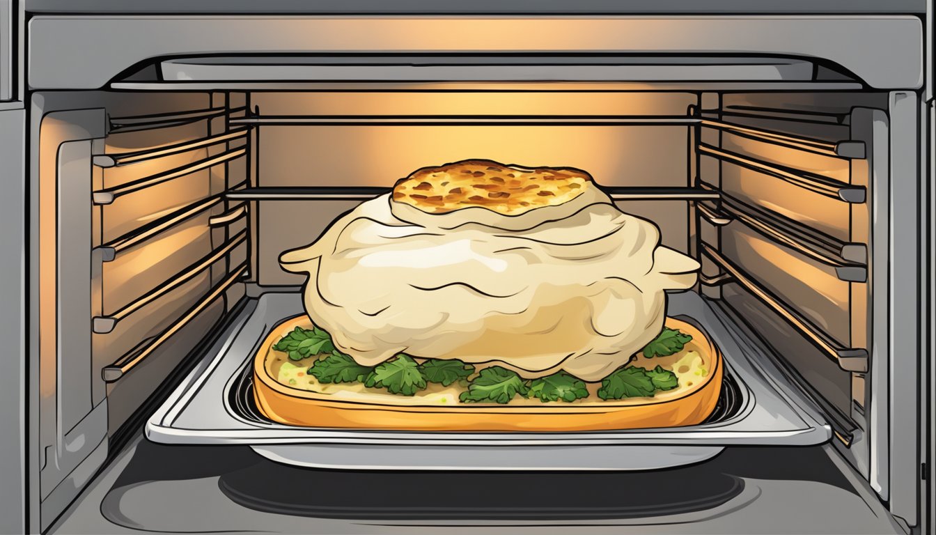 A lamb moussaka dish is being gently reheated in an oven, with the heat evenly distributed to preserve its texture and ensure it is heated through safely