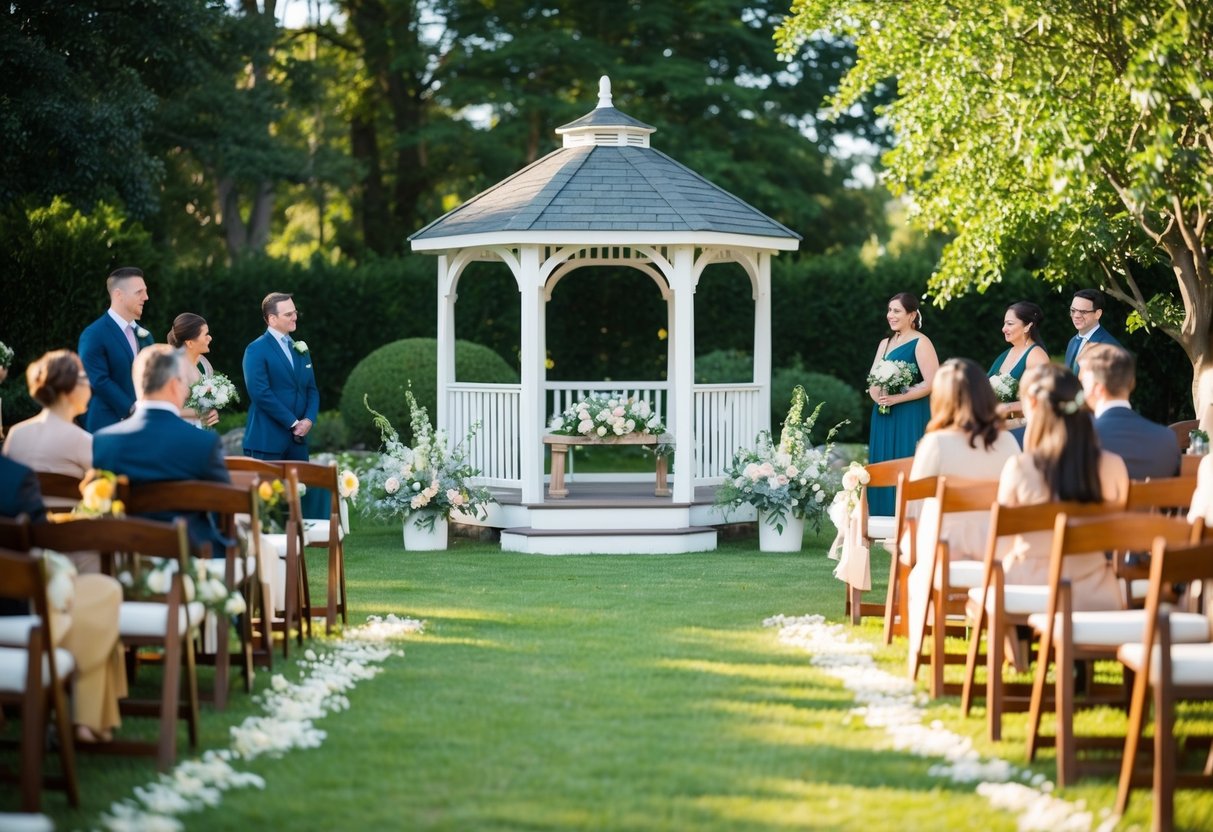 A serene garden with a small, intimate ceremony setting. Flowers, a gazebo, and seating for a small group of guests