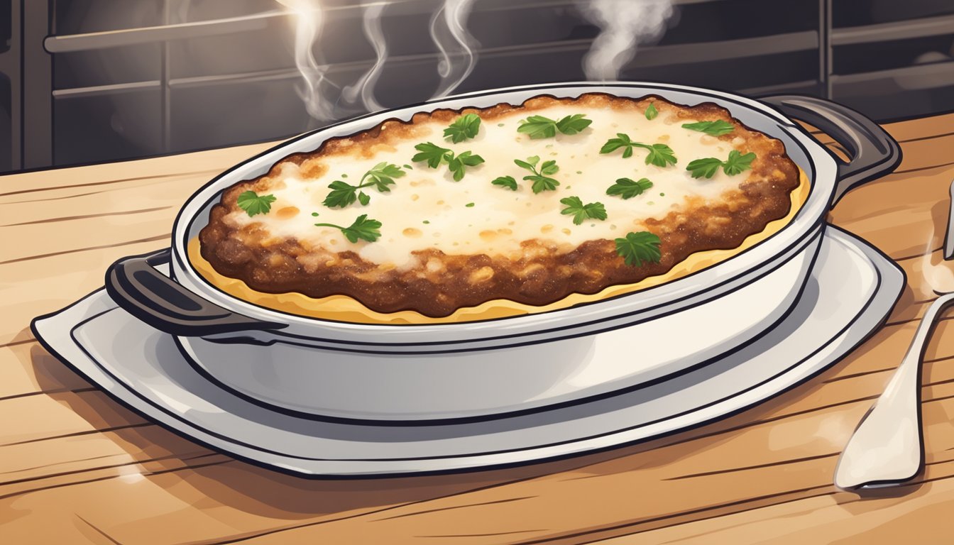 A plate of lamb moussaka being reheated in the oven, with steam rising from the golden-brown top layer while the creamy béchamel sauce bubbles around the edges