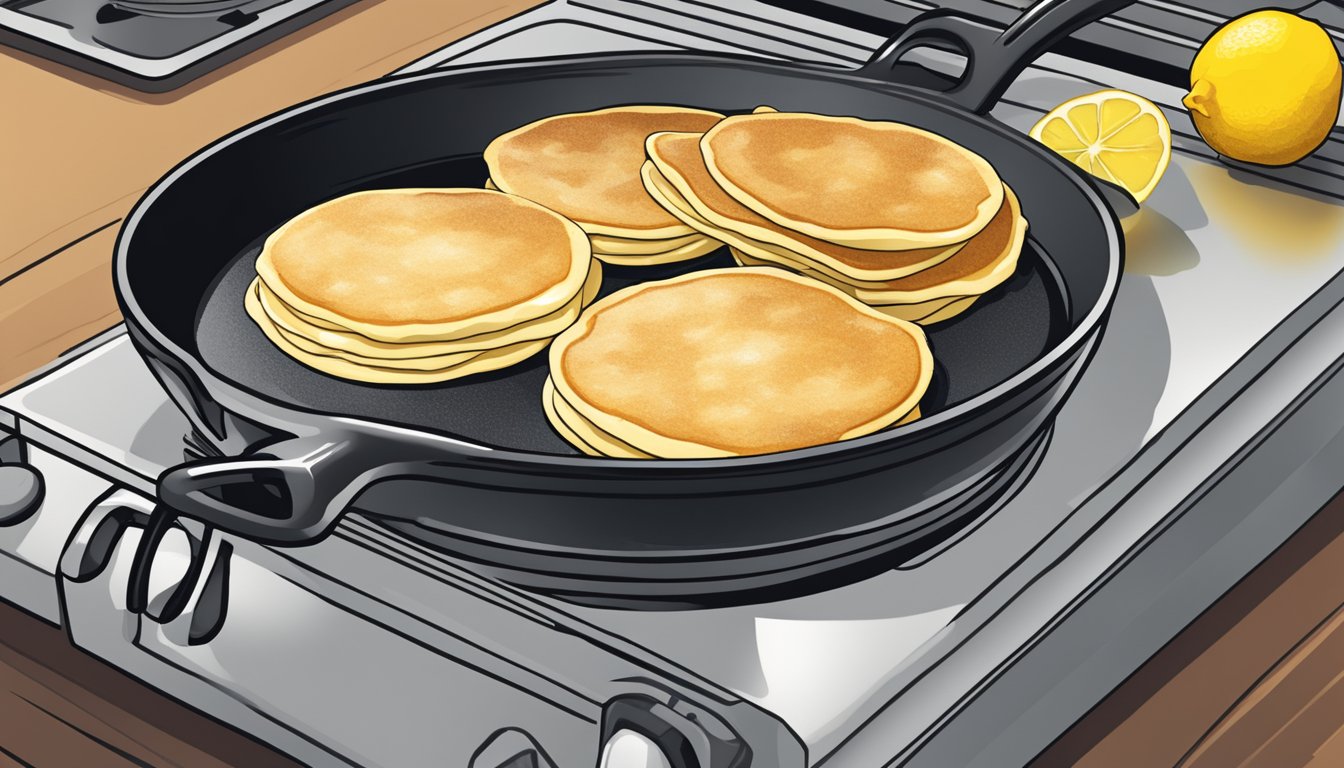 A stack of lemon ricotta pancakes being reheated on a sizzling skillet