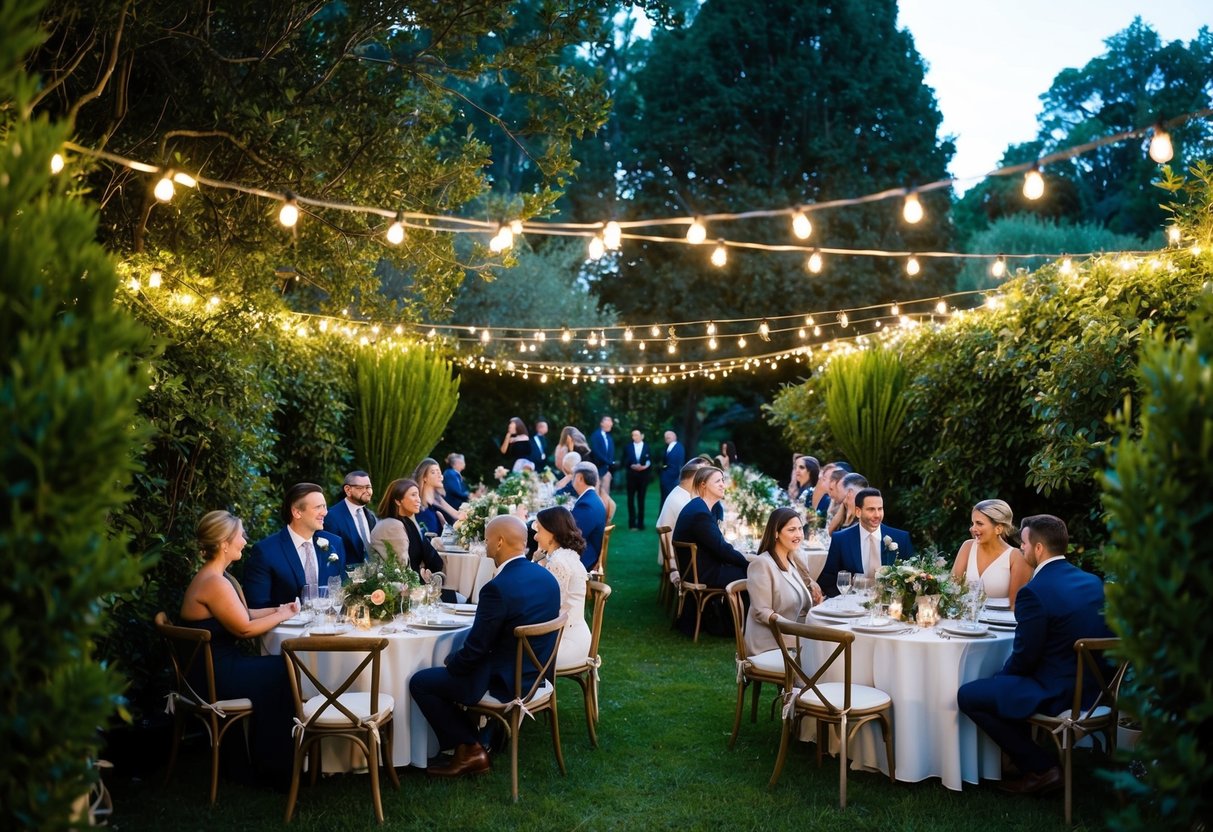 A cozy outdoor garden wedding with 40 guests seated at small round tables, surrounded by twinkling lights and lush greenery