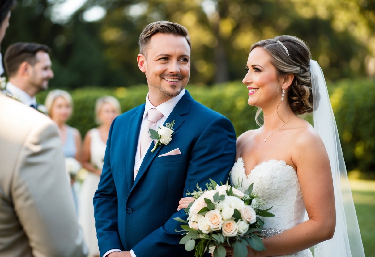 A woman stands beside the groom, holding a bouquet. She gazes at the bride with a smile