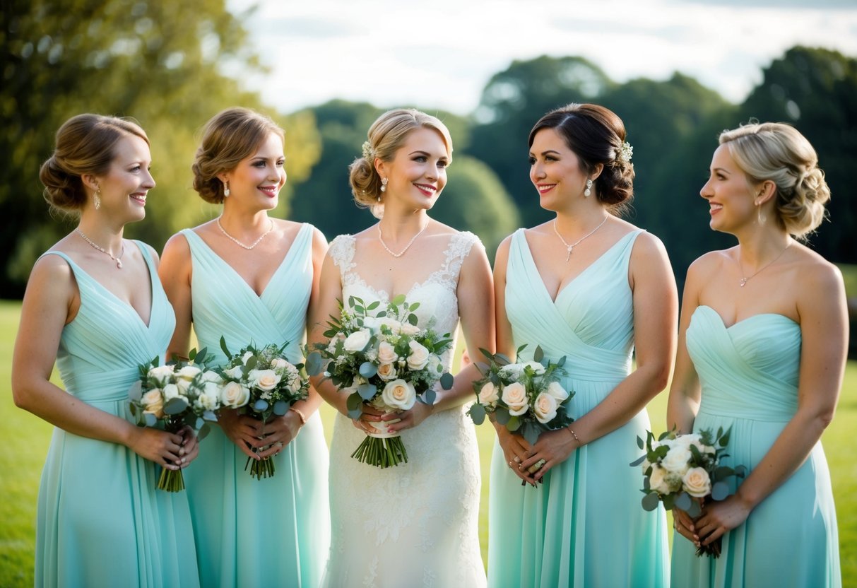 A group of women in elegant dresses stand together, one holding a bouquet. Another woman, slightly apart, looks on with a smile