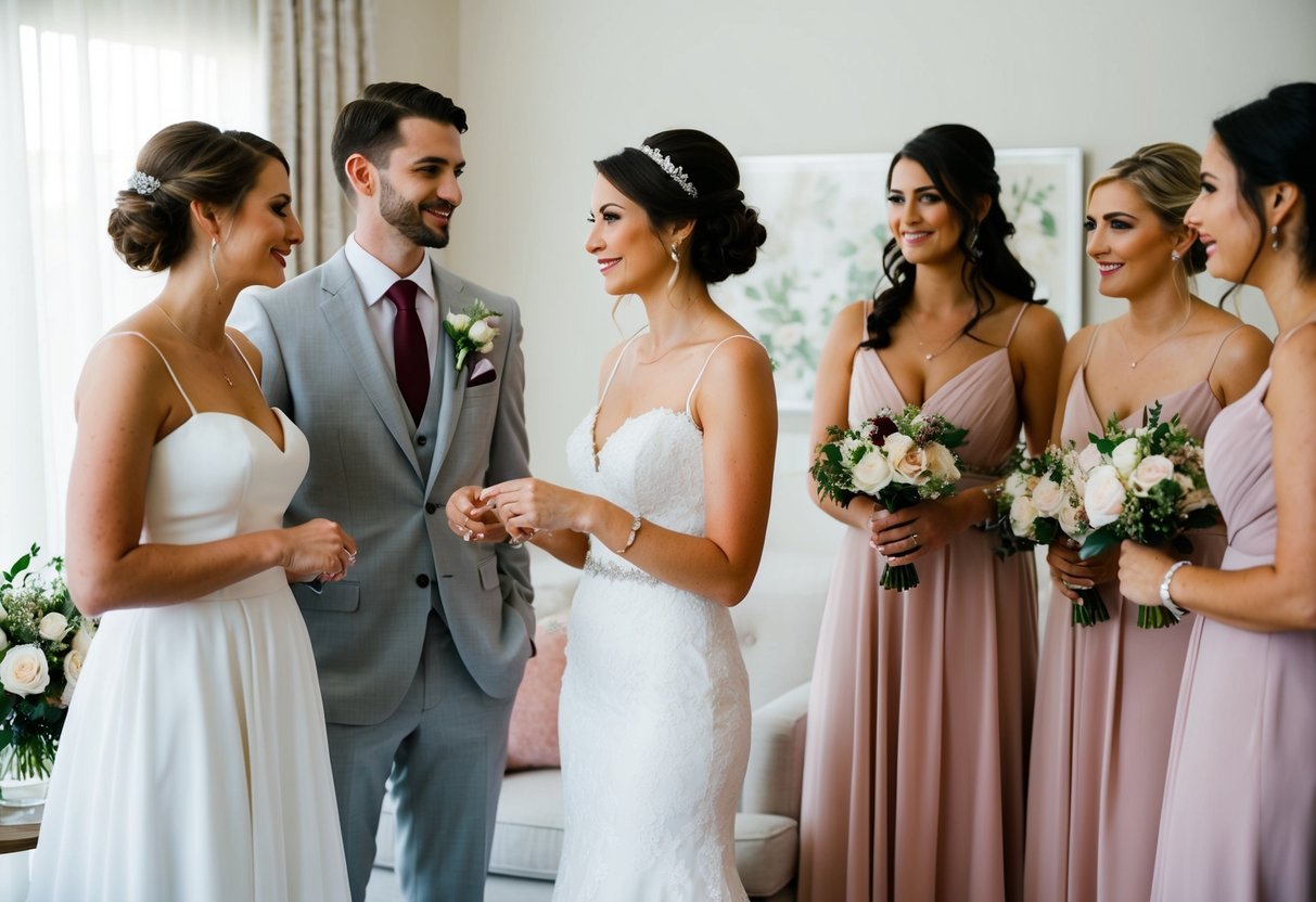 Sister of the groom stands apart as bride and bridesmaids discuss wedding plans