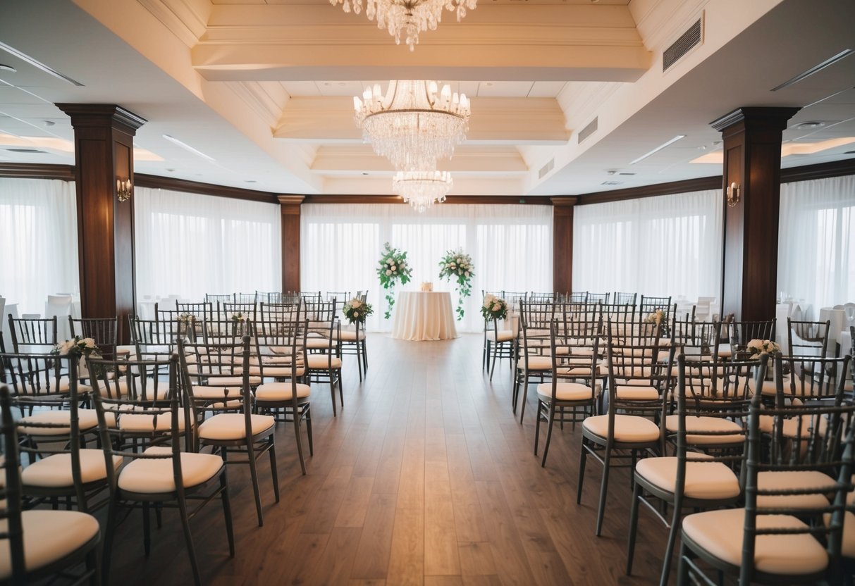 A wedding venue with empty chairs and tables, indicating a small budget