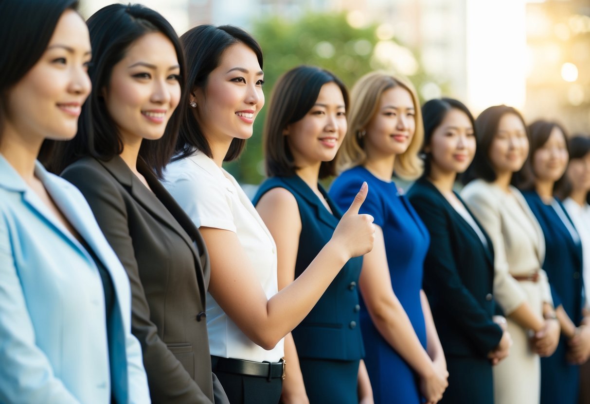 A group of women standing in a line, one of them being singled out and distinguished from the others