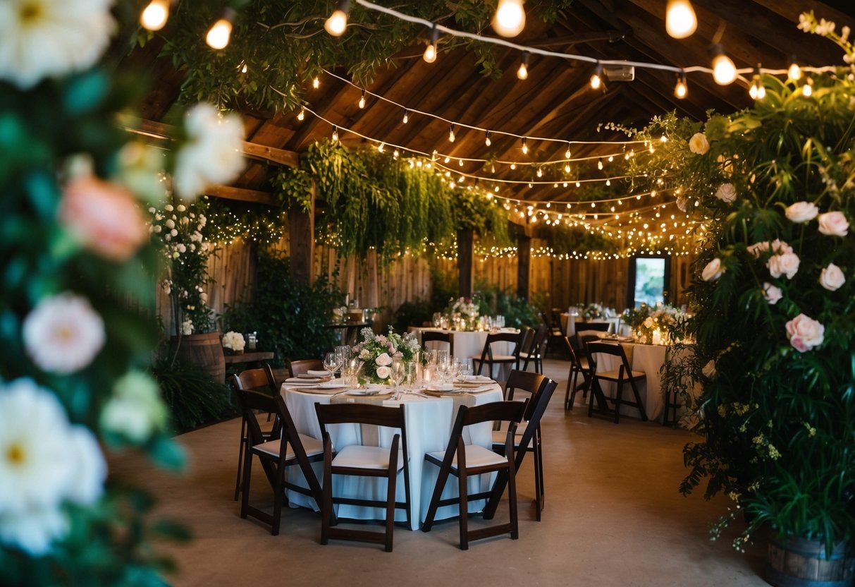 A cozy, intimate venue with rustic decor and twinkling lights, surrounded by lush greenery and blooming flowers