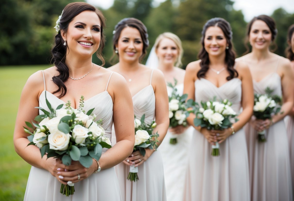 A woman stands apart from the bridesmaids, holding a bouquet and smiling as she watches the bride and groom