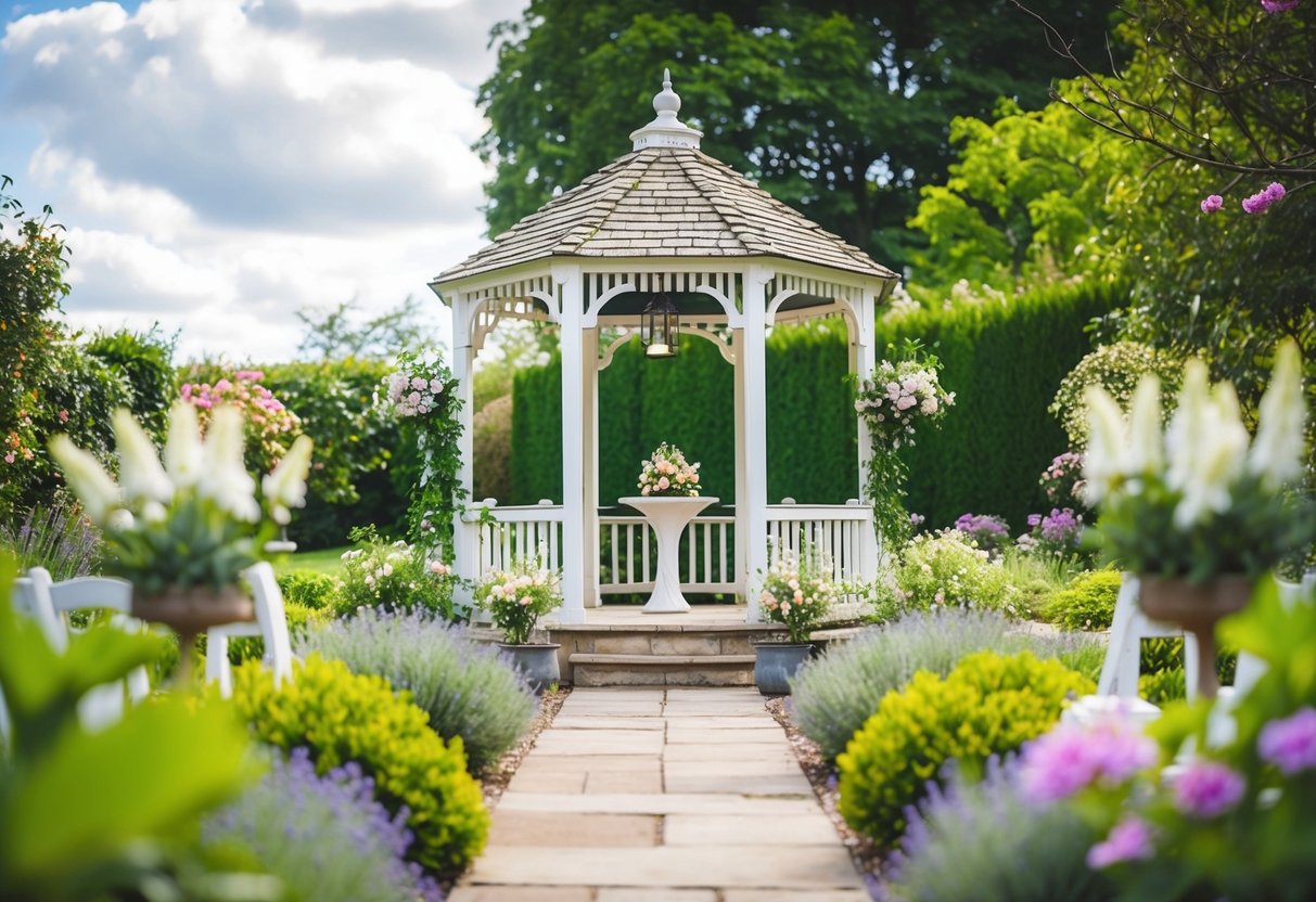 A quaint English garden with a charming gazebo set for a small wedding ceremony, surrounded by blooming flowers and lush greenery