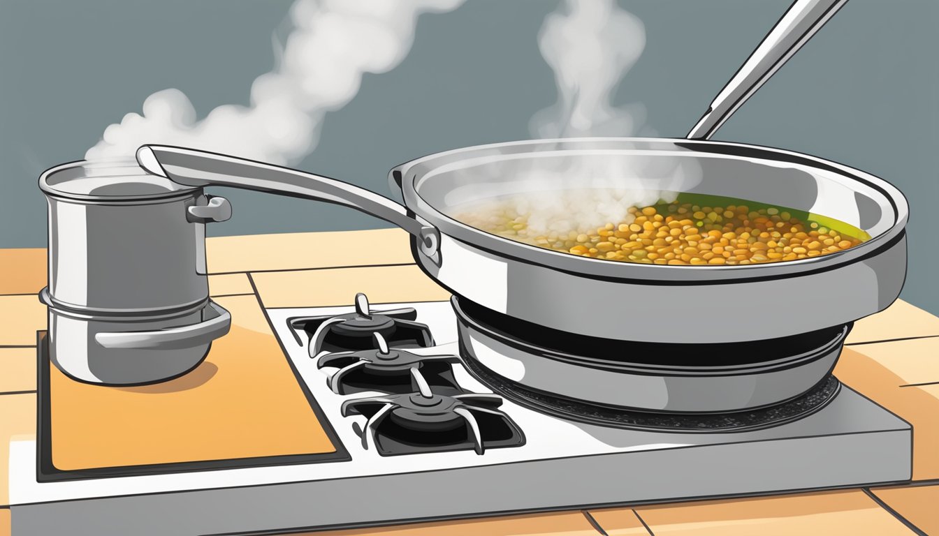 A pot of lentil soup being reheated on a stovetop, steam rising from the simmering liquid as a spoon stirs the contents