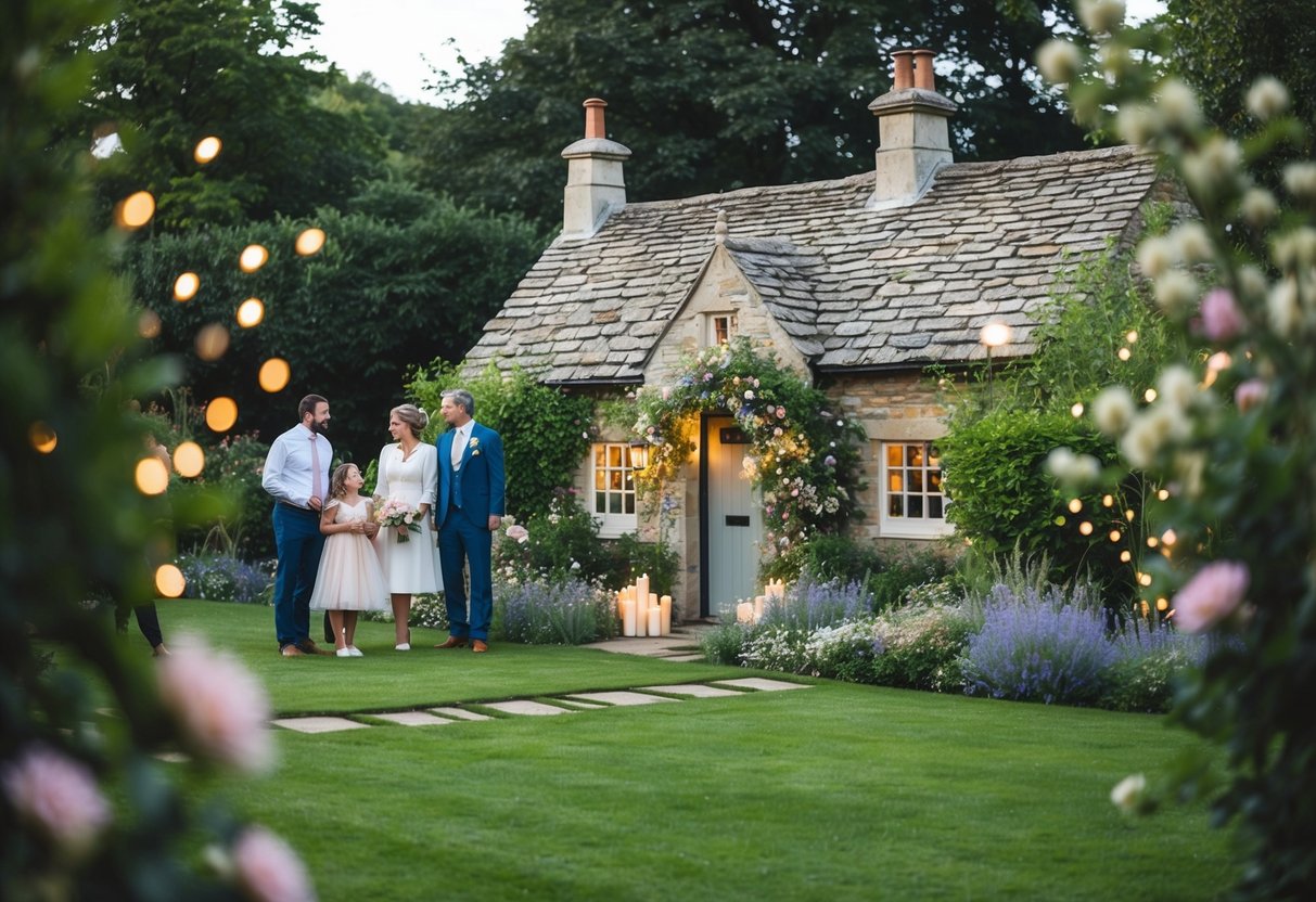 A quaint English garden with a charming stone cottage, surrounded by a few close family and friends, adorned with delicate flowers and soft candlelight