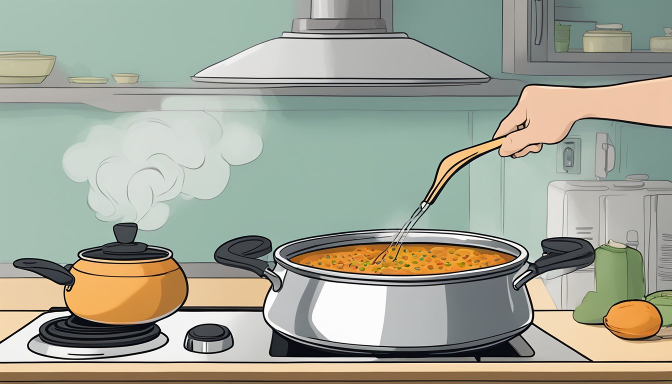 A pot of lentil soup sits on a stovetop, steam rising as it simmers. A ladle rests on the side, ready for serving